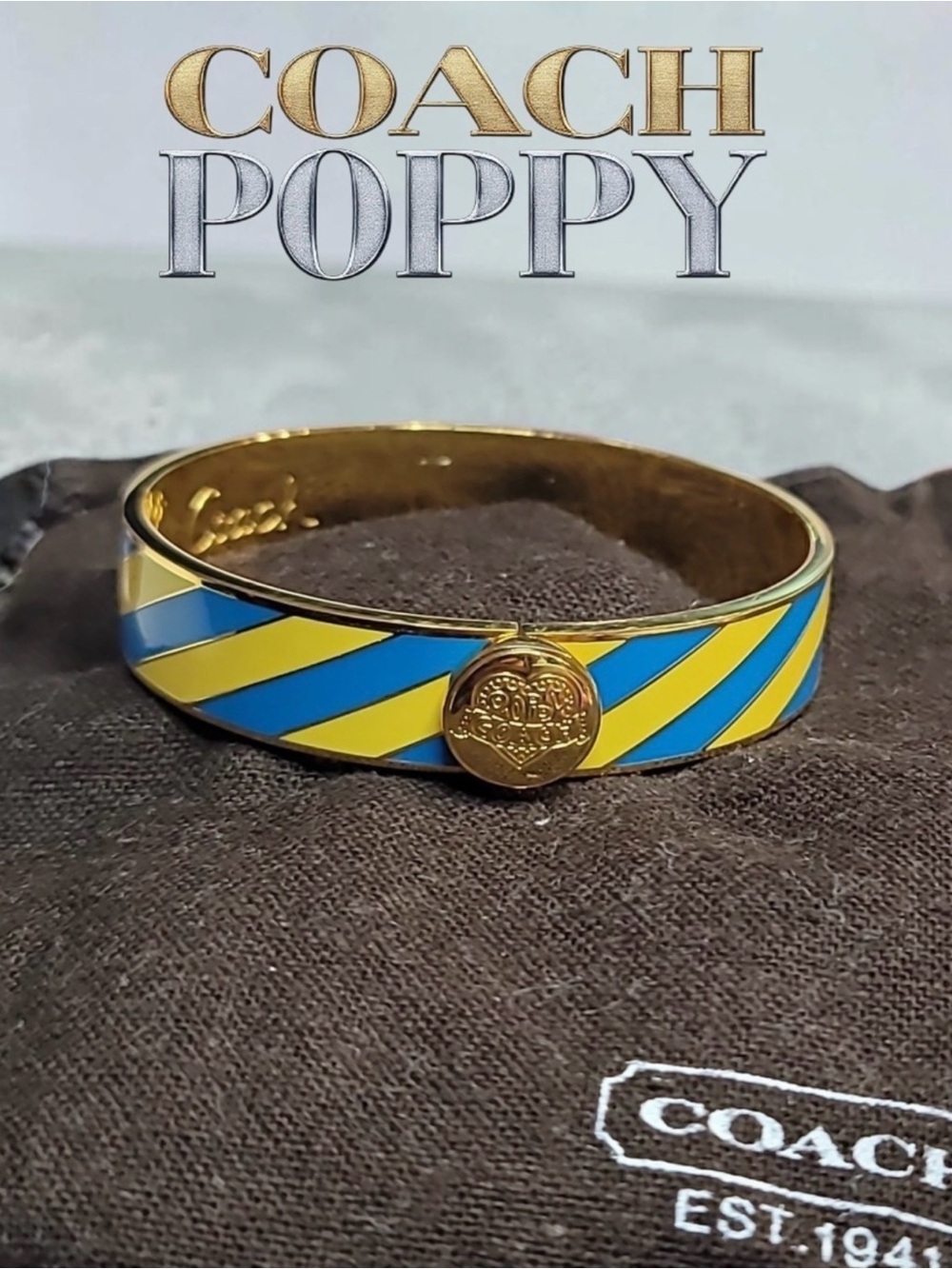Coach Poppy Y2K Blue and Yellow Enamel Hinged Bracelet With Dust Bag NWT